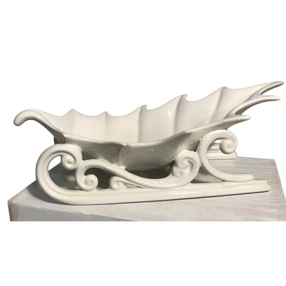 Ceramic Sleigh Holly Leaf Shape Dish Solid Glazed White 11" Long - Picture 1 of 11